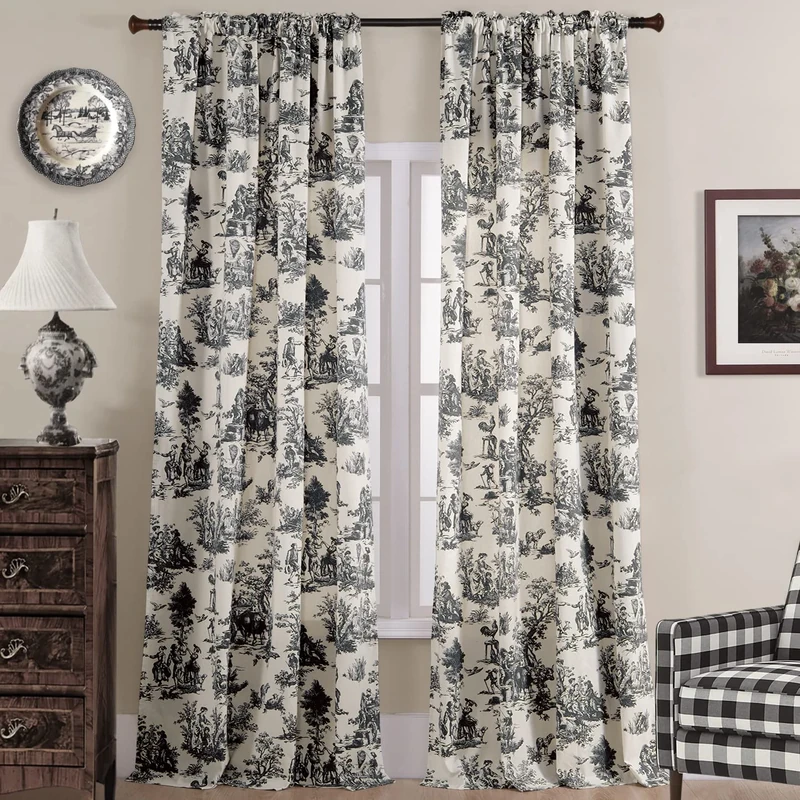 XTMYI 96 Inch Curtains 2 Piece Set Bedroom Aesthetic Decor Retro Country Shabby Chic Farmhouse Sheer Semi Blackout for Living Room Grey Black White