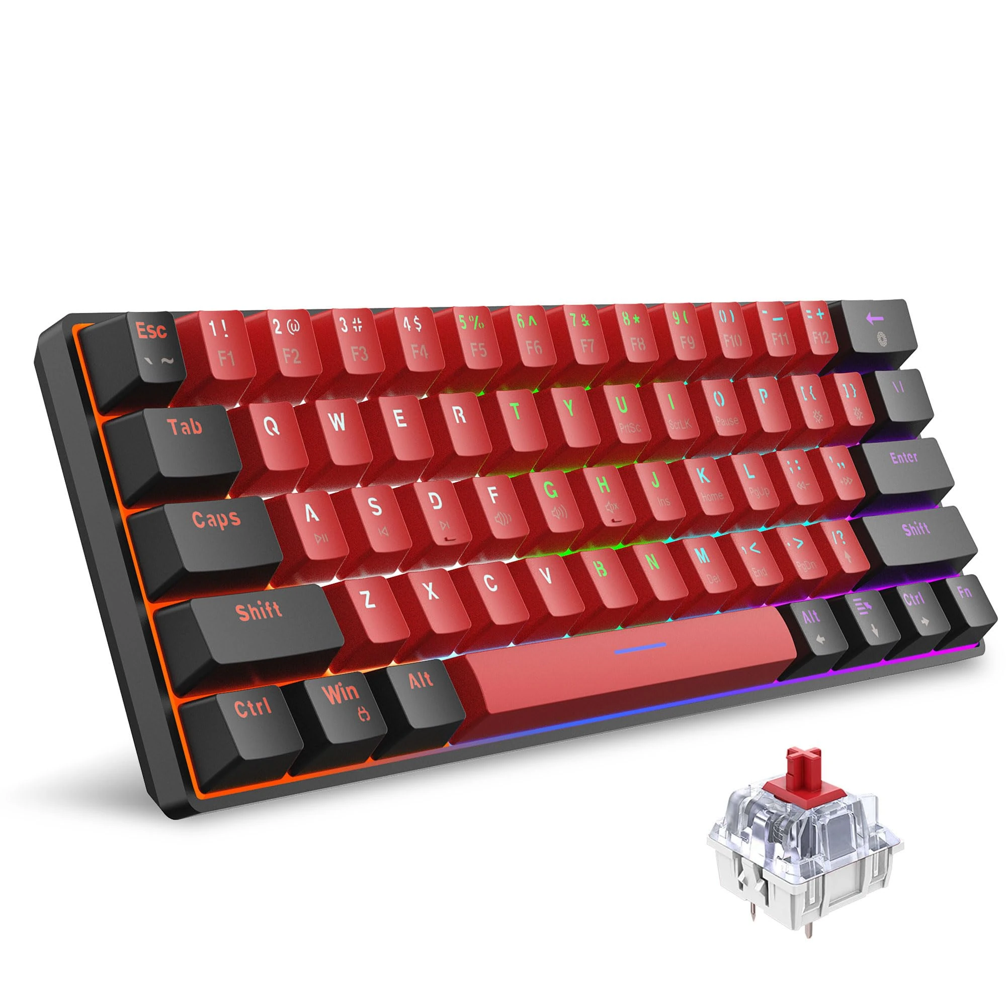 Snpurdiri 60% Compact Size Mechanical Gaming Keyboard - Red Switches | USB-C Wired | UK Compatible US Layout | 16.8M RGB Backlit | Portable for PC & Laptop (Black-Red)