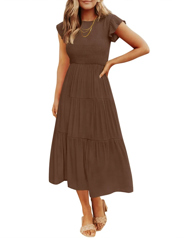 ZESICA Women's 2024 Summer Casual Flutter Short Sleeve Crew Neck Smocked Elastic Waist Tiered Midi Dress, Coffee, M - Image 1