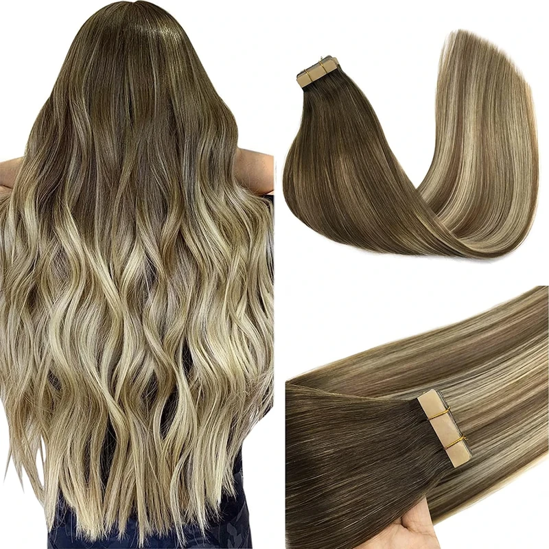 GOO GOO Tape in Hair Extensions human hair, tape Hair Extensions, 20inch 50g 20pcs, Human Hair Extensions, (T3/8)613 Blonde Ombre