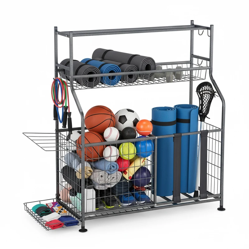 Relaxdays Sports Equipment Storage Rack, Metal, Organizer for Sports Gear & Balls, HWD: 111 x 118 x 42 cm, Grey
