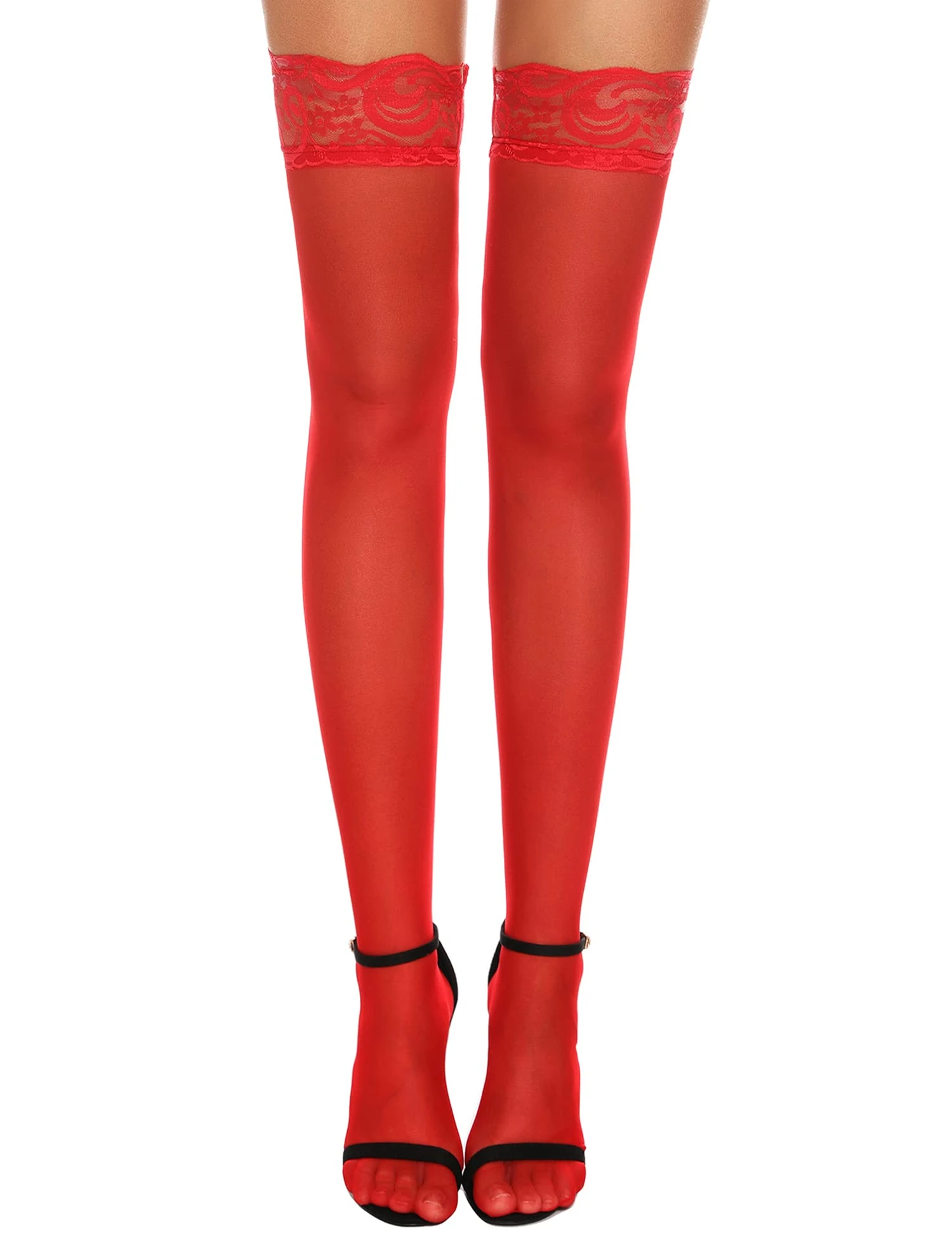 EVELIFE Women Hold Up Stocking Lace Thigh Bands Anti-skid Silicone Silk Stocking High Stocking(Red, One Size)