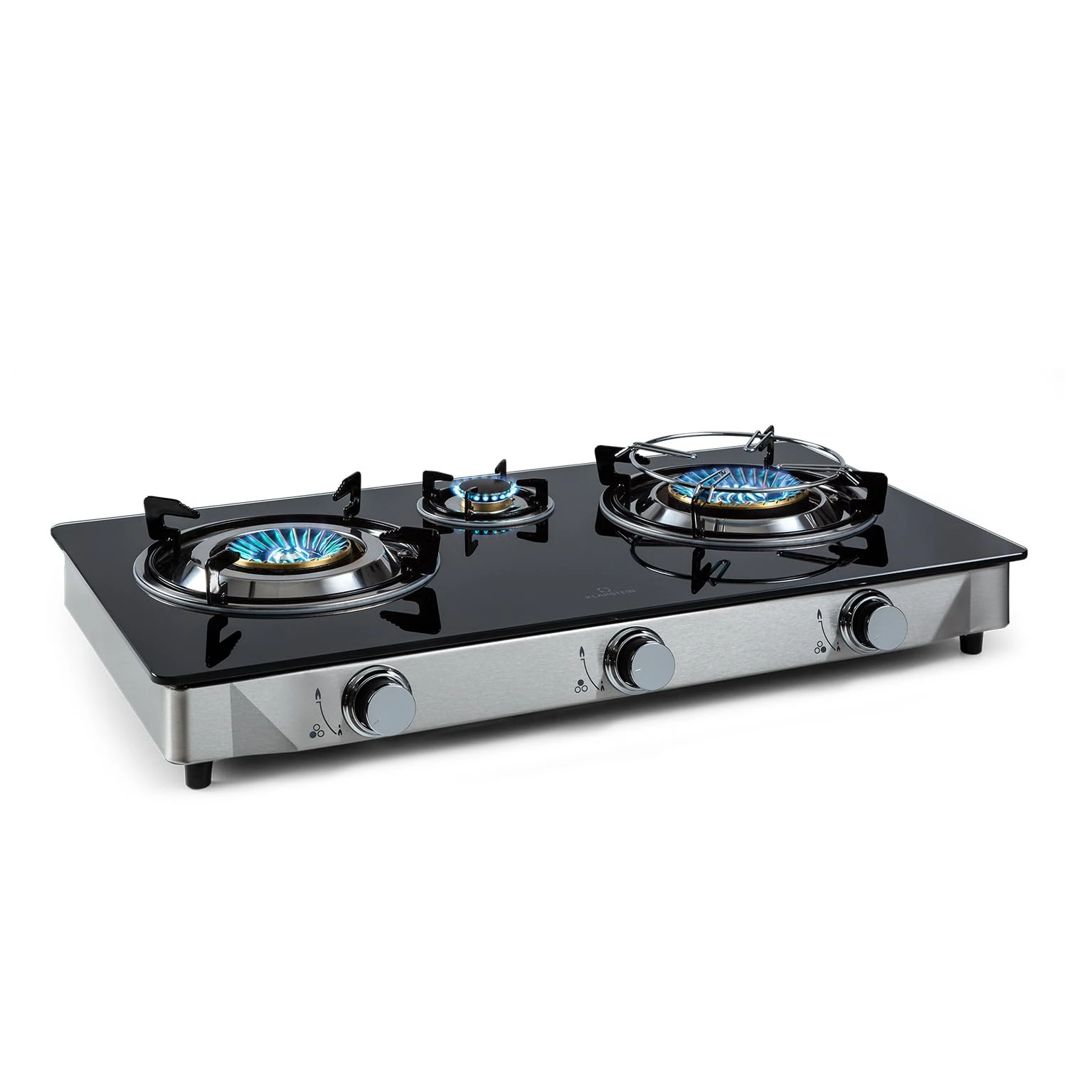 Klarstein Gas Cooker, 3 Burners Gas Hob, 8.45 kW Portable Built In Three Ring Electric Hob, Campervan Cooktop Cookers, Steel Glass Top Wok Burner, 3 Ring Kitchen Stoves
