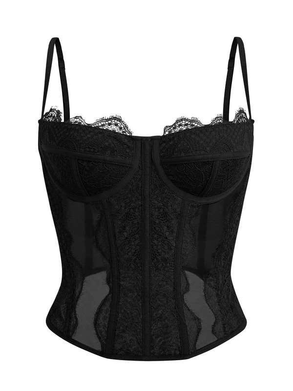 Dealmore Womens Summer Lace Bustier Mesh Sexy Vintage Spaghetti Strap Open Back Boned Corset Going Out Party Crop Top, Black, Small