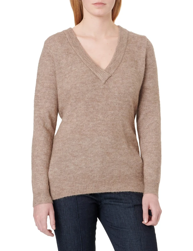 Object Women's OBJELLIE L/S V-Neck Pullover NOOS Knitted Jumper, Fossil/Detail: Melange, S, Fossil/Detail: Melange, S