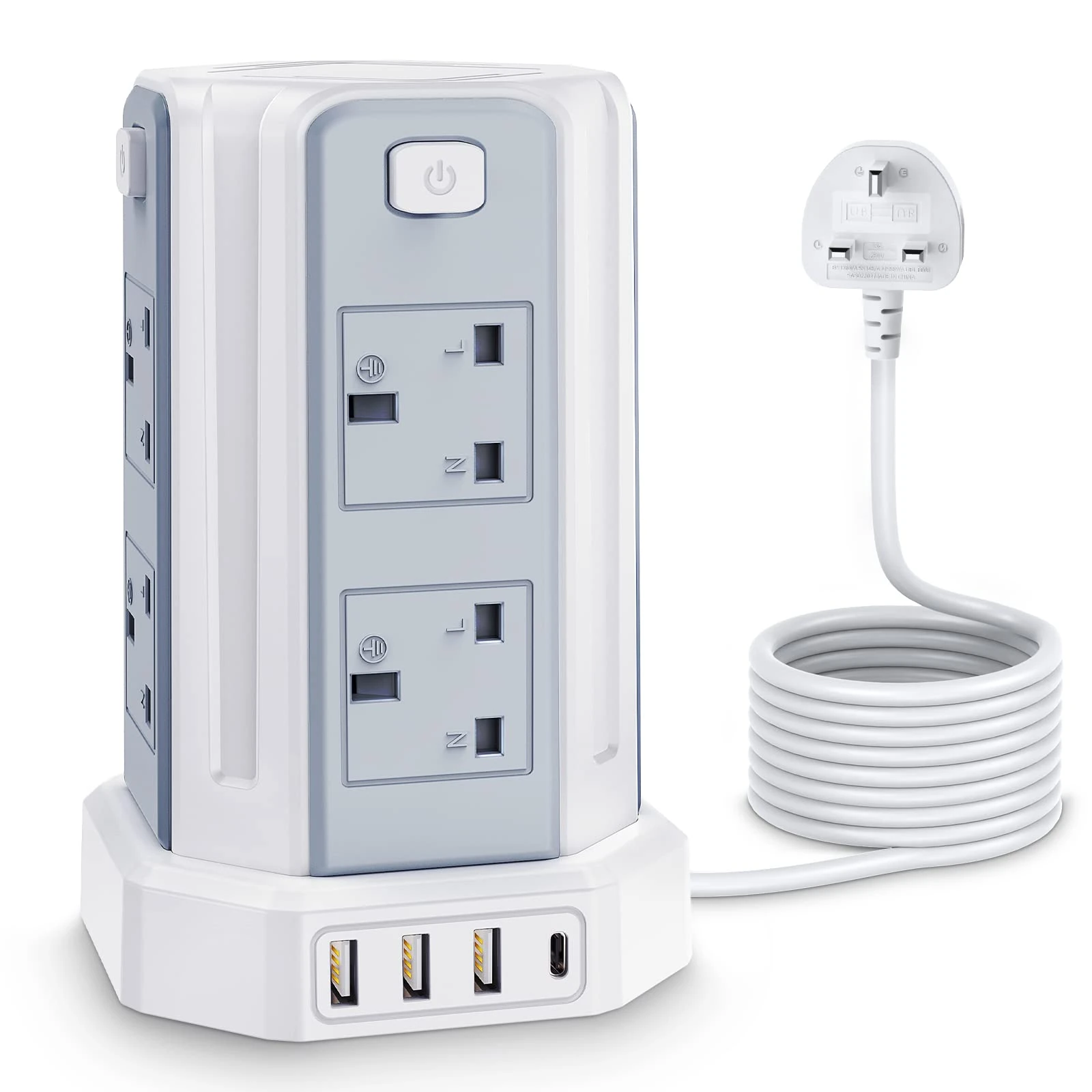 Tower Extension Lead with USB Solts,[13A 3250W] 8 Outlets and 4 USB Charging Ports Surge Protected Power Strip with 3M Long Extension Cord, Tower Charing Station for Home and Office