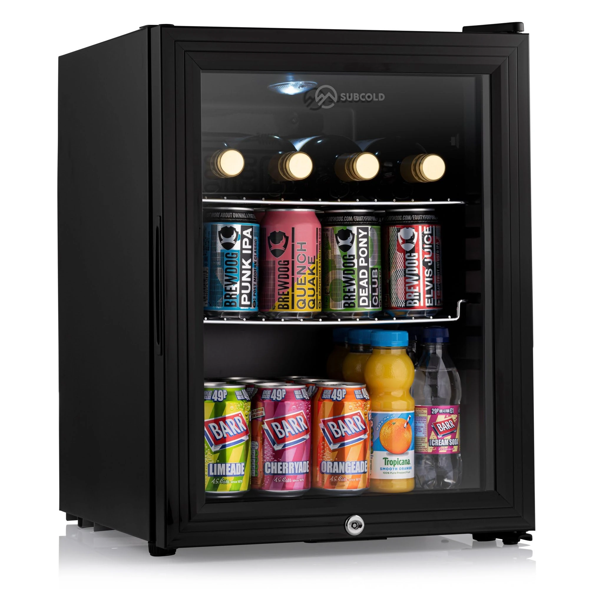 Subcold Super35 LED - Mini Fridge | 35L Glass Door Beer, Wine & Drinks Fridge | LED Light + Lock and Key | Energy Efficient (Black) (Renewed)