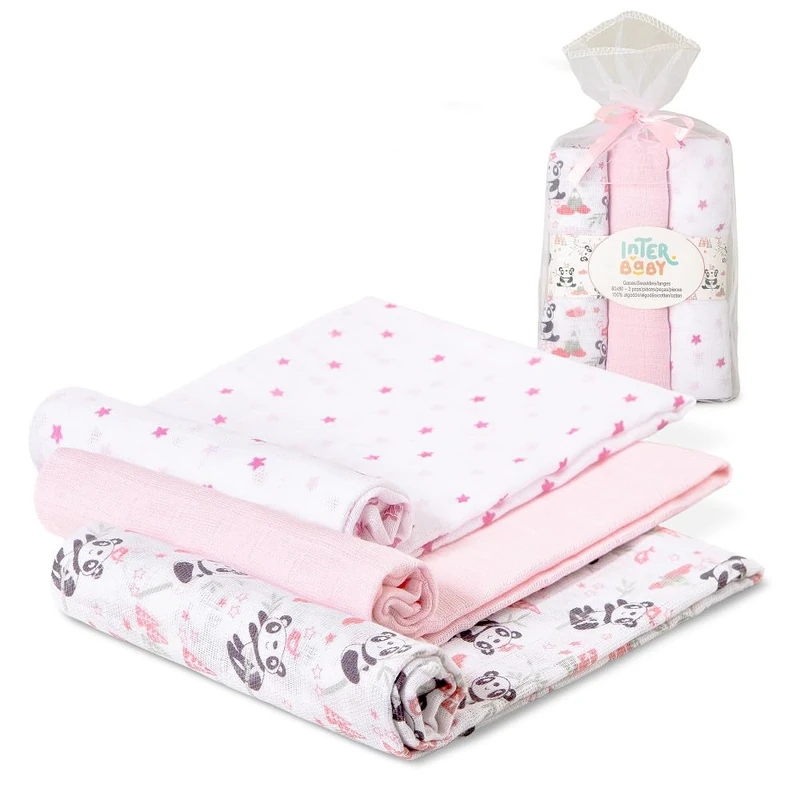 Interbaby Pack of 3 Baby Muslin Nappies - Pink Cotton