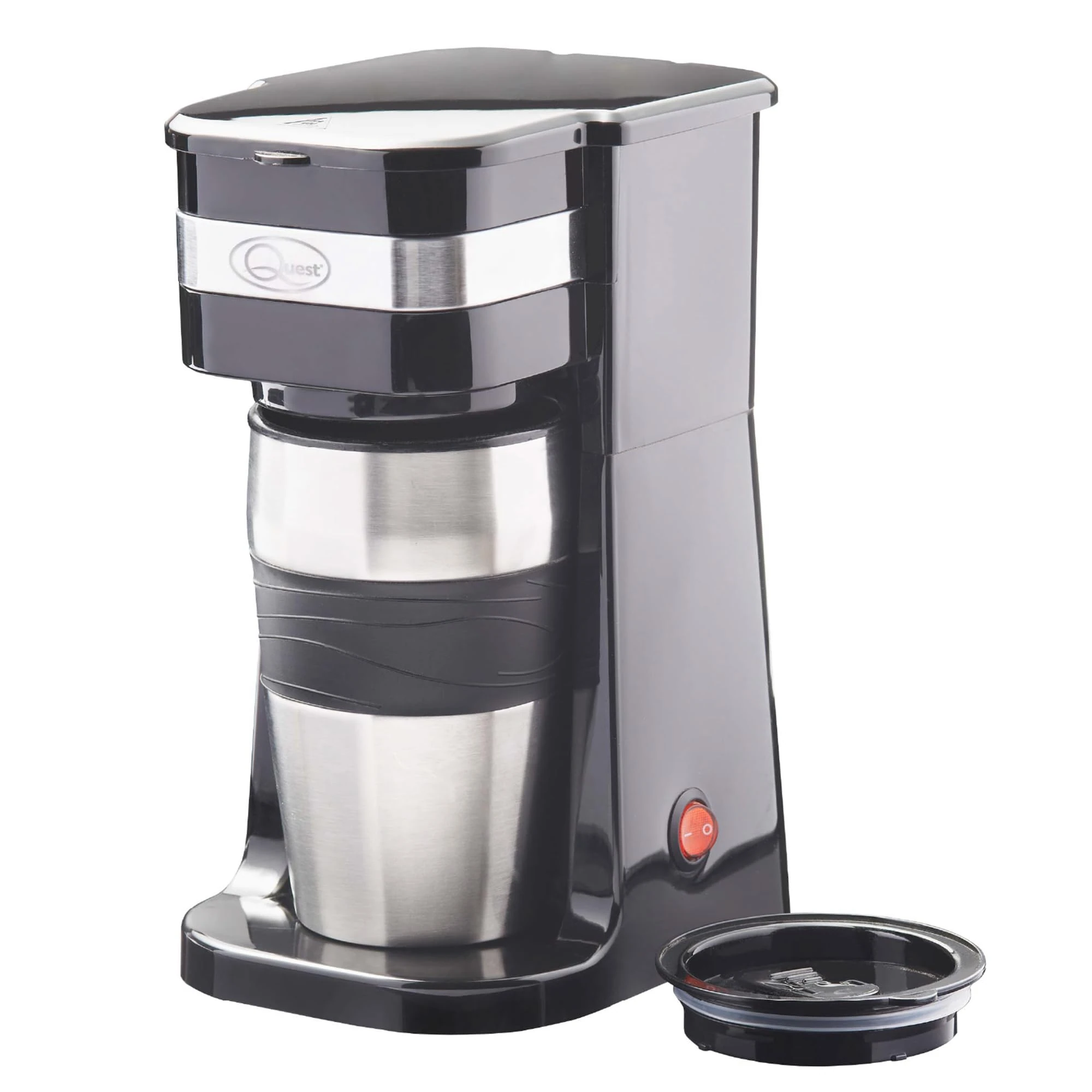 Quest 35189 Filter Coffee Machine/Portable Travel Filter Coffee Maker / 420ml Capacity/Thermal Travel Mug Included/Works with Ground Coffee & Coffee Pods/Instant Espresso & More