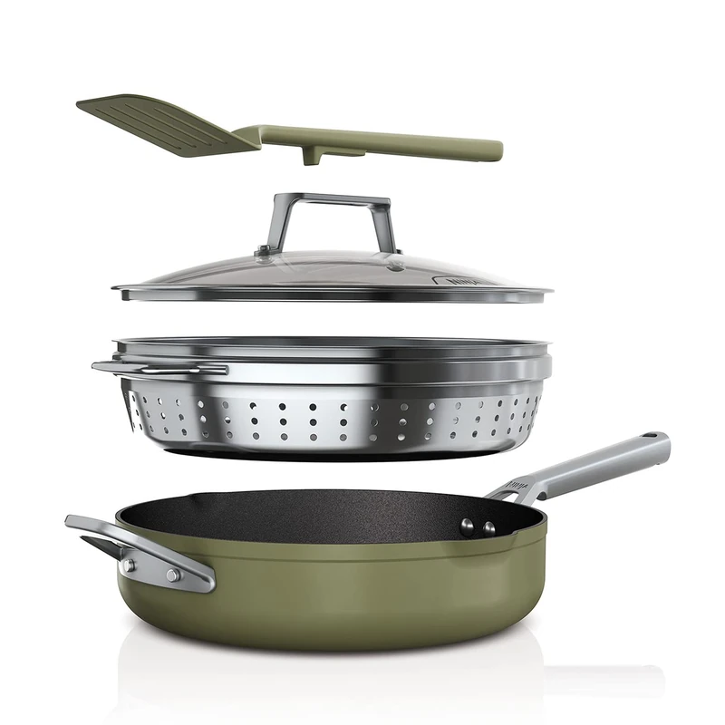 Ninja Foodi 9-in-1 PossiblePan with ZEROSTICK, Steamer/Strainer, Spatula, Glass Lid, 3.8L, Induction Compatible, Oven Safe to 260°C, Olive Green CW102GNUK