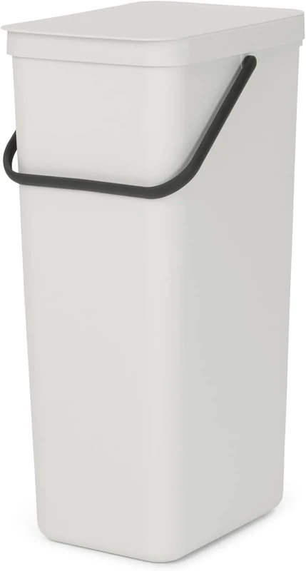 Brabantia Sort & Go Recycle Bin 40L (Light Grey), Space-Efficient Plastic Recycle Container with Handle, Removable and Stay-Open Lid, Easy to Clean Kitchen Bin without Nooks and Rims