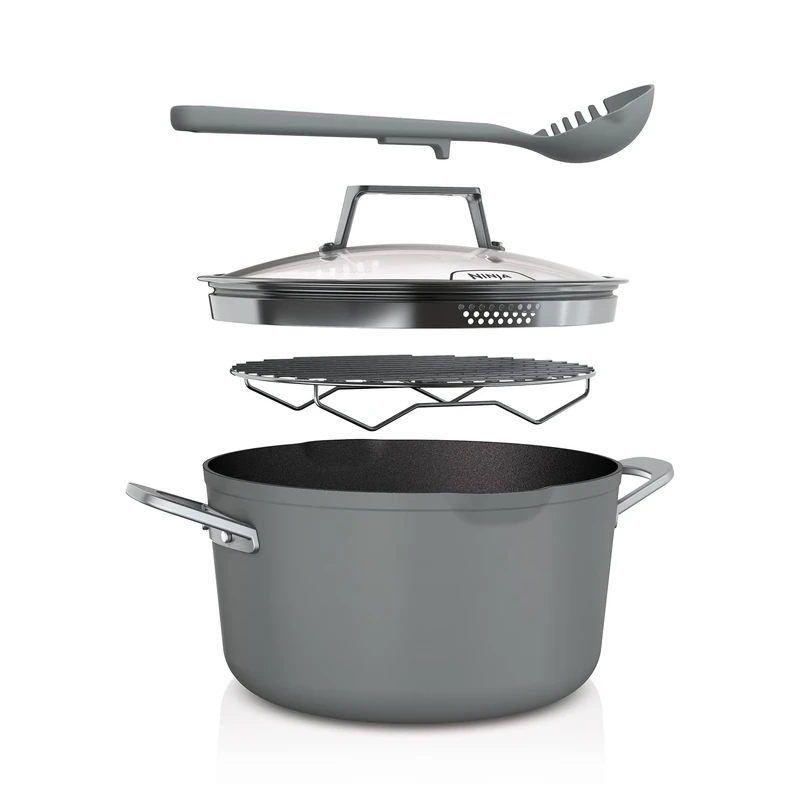 Ninja Foodi 8-in-1 PossiblePot with ZEROSTICK, Roasting/Steaming Rack, Strainer, Utensil, Glass Lid, 6.6L, Induction Compatible, Oven Safe to 260°C, Sea Salt Grey CW202GYUK