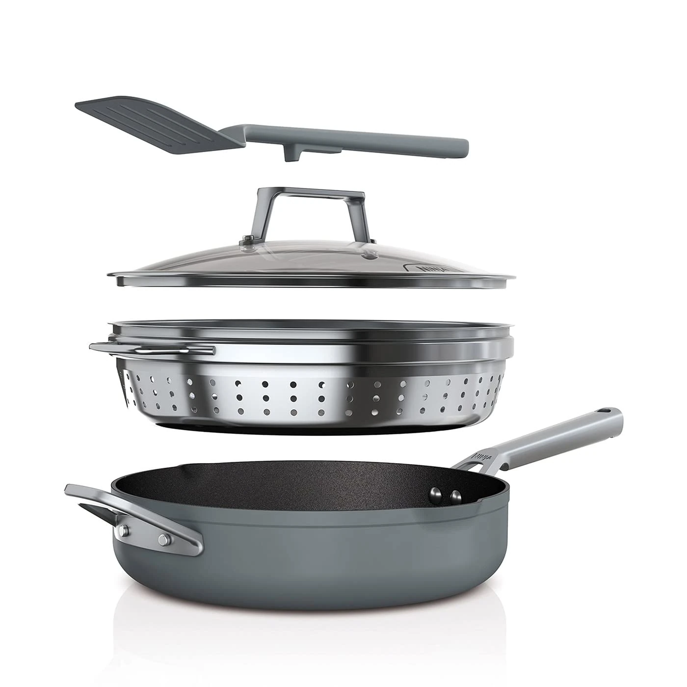 Ninja Foodi 9-in-1 PossiblePan with ZEROSTICK, Steamer/Strainer, Spatula, Glass Lid, 3.8L, Induction Compatible, Oven Safe to 260°C, Sea Salt Grey CW102GYUK