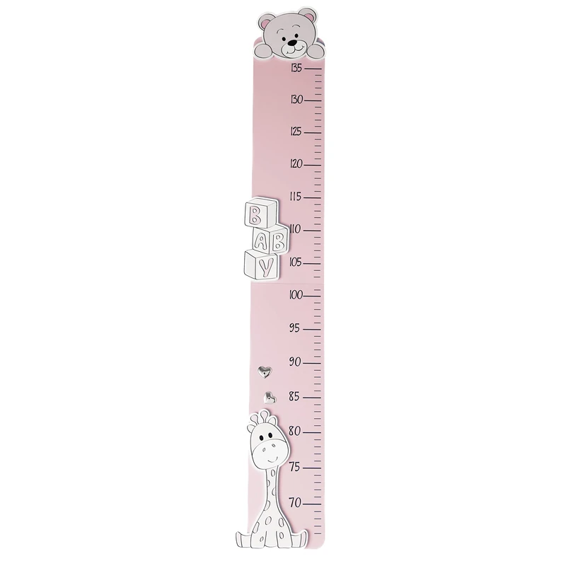 Valenti & Co Pink Wooden Ruler for Children Wall Decoration for Zoo Animals and Silver Details