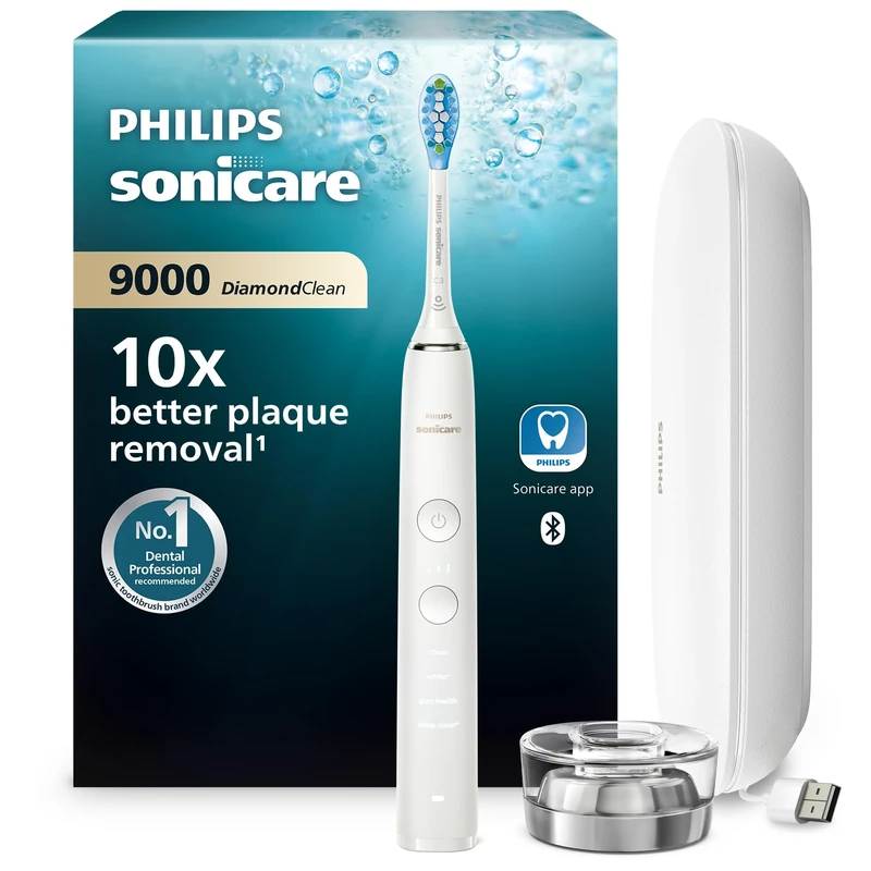 Philips Sonicare DiamondClean Series 9000 Electric Toothbrush - Sonic Brush, Cleaner Teeth and Gums, 1 X C3 Premium Plaque Control Brush Head (Model HX9911/63), White