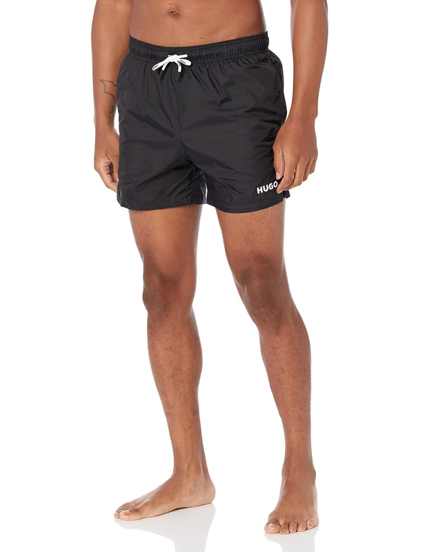 HUGO Men's Small Logo Quick Dry Swim Trunks, Basic Black, XX-Large