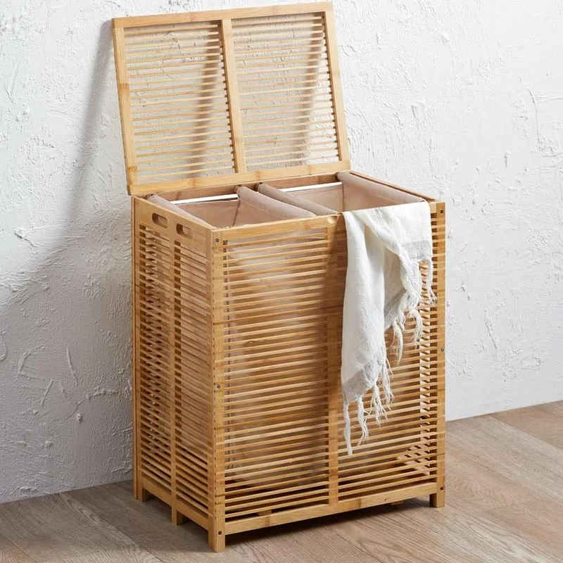 Bakaji Dirty Bamboo Laundry Basket with Grey Fabric for Home Bathroom with 2 Compartments Space Saving Storage Box with Lid and Extendable Bag, 50 x 35 x 60 cm