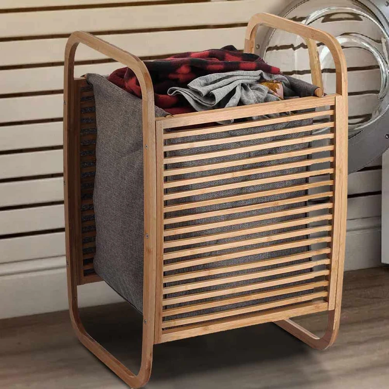 Bakaji Dirty Bamboo Laundry Basket with Grey Fabric Home Bathroom Modern Curved Design Space Saving with Removable Bag 40x35x61cm