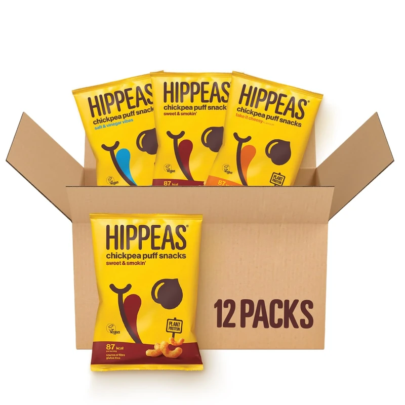 Hippeas Variety Pack Chickpea Puff Vegan Crisps | 12 x 22g Sharing Bags | Plant-Based, Source of Protein & Fibre | Free from Gluten & Artificial Flavours | Light & Crunchy - 91 calories per serving