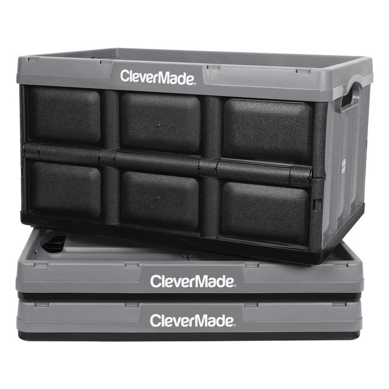 CleverMade Collapsible Storage Bin, Stone, 3PK - 62L (16 Gal) Stackable Storage Containers, Holds 100lbs Per Bin - Plastic Storage Bins for Organizing, Closet Storage, Garage Storage