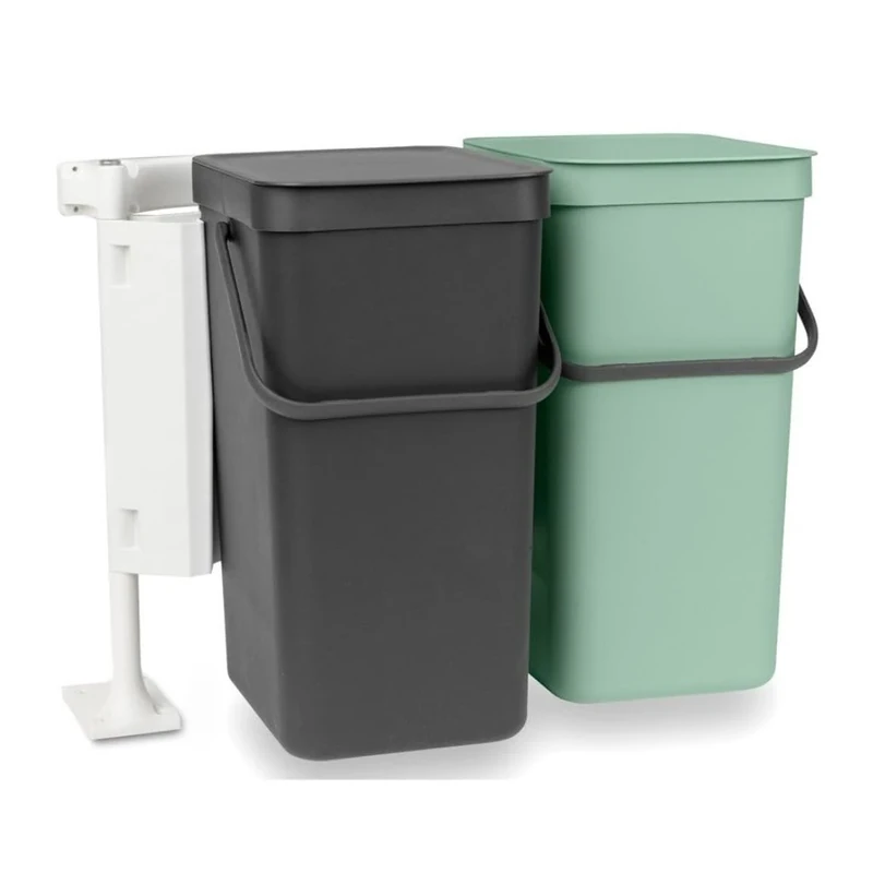 Brabantia - Sort & Go Waste Bin 2x16L - Double Built-In Recycling Bin - Stay Open Lid - Carry Handle - Easy to Clean - Dual Bin for in Kitchen Cupboards - Dark Grey/Jade Green - 52 x 37 x 43 cm