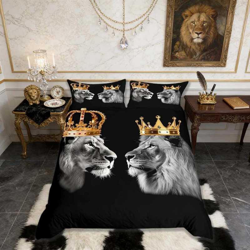 Wild Lion Couple Bedding Set Queen Size,Gold King and Queen Crown Duvet Cover Set for Children Bedroom Present, Tropical African Animal Microfiber Comforter Cover with 2 Pillowcases - Image 1