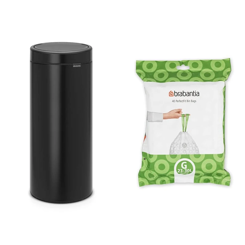 Brabantia 30 L Matt Black Kitchen Touch Bin with Removable Lid, Easy Clean, Fits Brabantia Bin Liners Size G, 30 Litre Capacity, Black, Plastic & Stainless Steel, Indoor Use