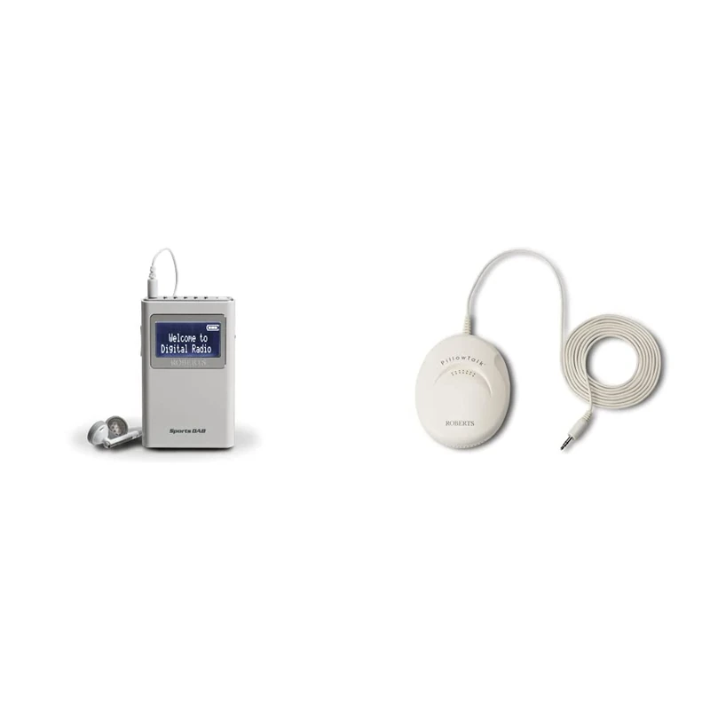 Roberts Radio Sports DAB5 DAB/DAB+/FM Personal Digital Radio - White & PT9918 Pillow Talk Speaker, white/cream