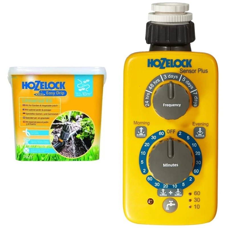 Hozelock Easy Drip Universal Watering Kit for Beds and Borders, Black, 40 x 25 x 15 cm & 2214 0000 Sensor Controller Plus, Yellow/Grey, 40x25x15 cm