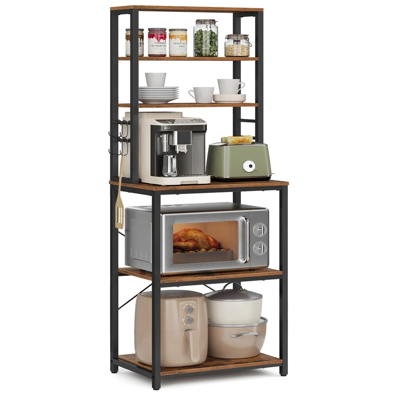 VASAGLE Kitchen Storage Rack, Coffee Bar, Baker's Rack, Total 6 Shelves and 6 Hooks, for Microwave, Steel Frame, Industrial, 40 x 60 x 167 cm, Rustic Brown and Ink Black KKS024B01