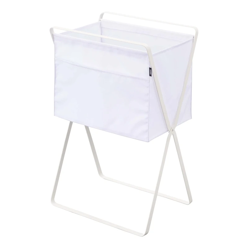 Yamazaki Home Folding Laundry Basket, Collapsible Clothes Hamper Bin with Removable Polyester Bag and Side Pocket | Steel, One Size, White
