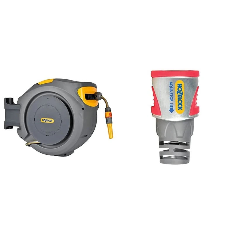 Hozelock 2401 0000 Auto Reel with 20 m Hose, Yellow/Grey & 2035P0000 Pro Metal AquaStop Connector (12.5mm & 15mm), Silver