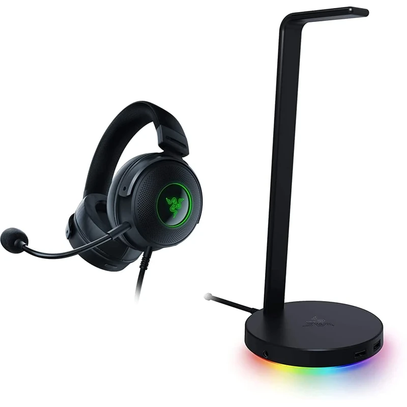 Razer Kraken V3 Hypersense - Wireless Gaming Headset with Haptic Technology Black & Base Station V2 Chroma - Chroma Enabled Headset Stand with 3.1 USB Hub and 7.1 Surround Sound Black