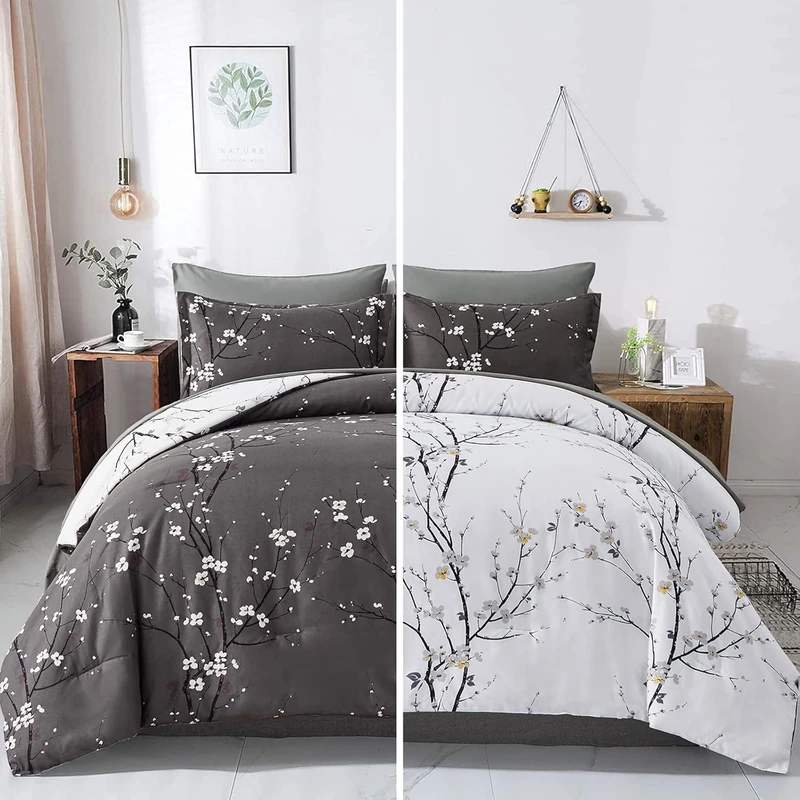 WONGS BEDDING Floral Cmomforter Set Queen,7 Pieces Bed in a Bag Comforter Reversible Flower Plum Bedding set Queen Size（1 Comforter ,2 Pillowcase,2 Pillow Shams,1 Flat Sheet,1 Fitted Sheet）