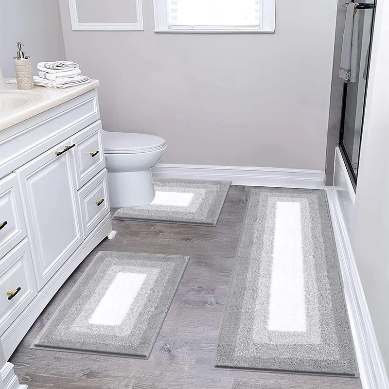 Bsmathom Bathroom Rugs Sets 3 Piece, Non-Slip Absorbent Bath Mats, Plush Shaggy Microfiber Bath Rug with U-Shaped Contour Toilet Mat Machine Washable, Light Grey
