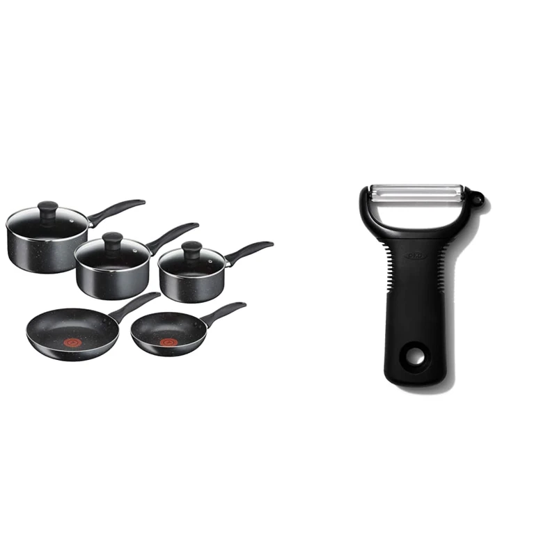Tefal 5 Piece Origins Stone Pots and Pans set, Non Stick, Aluminium, Black, & OXO Good Grips Y Peeler