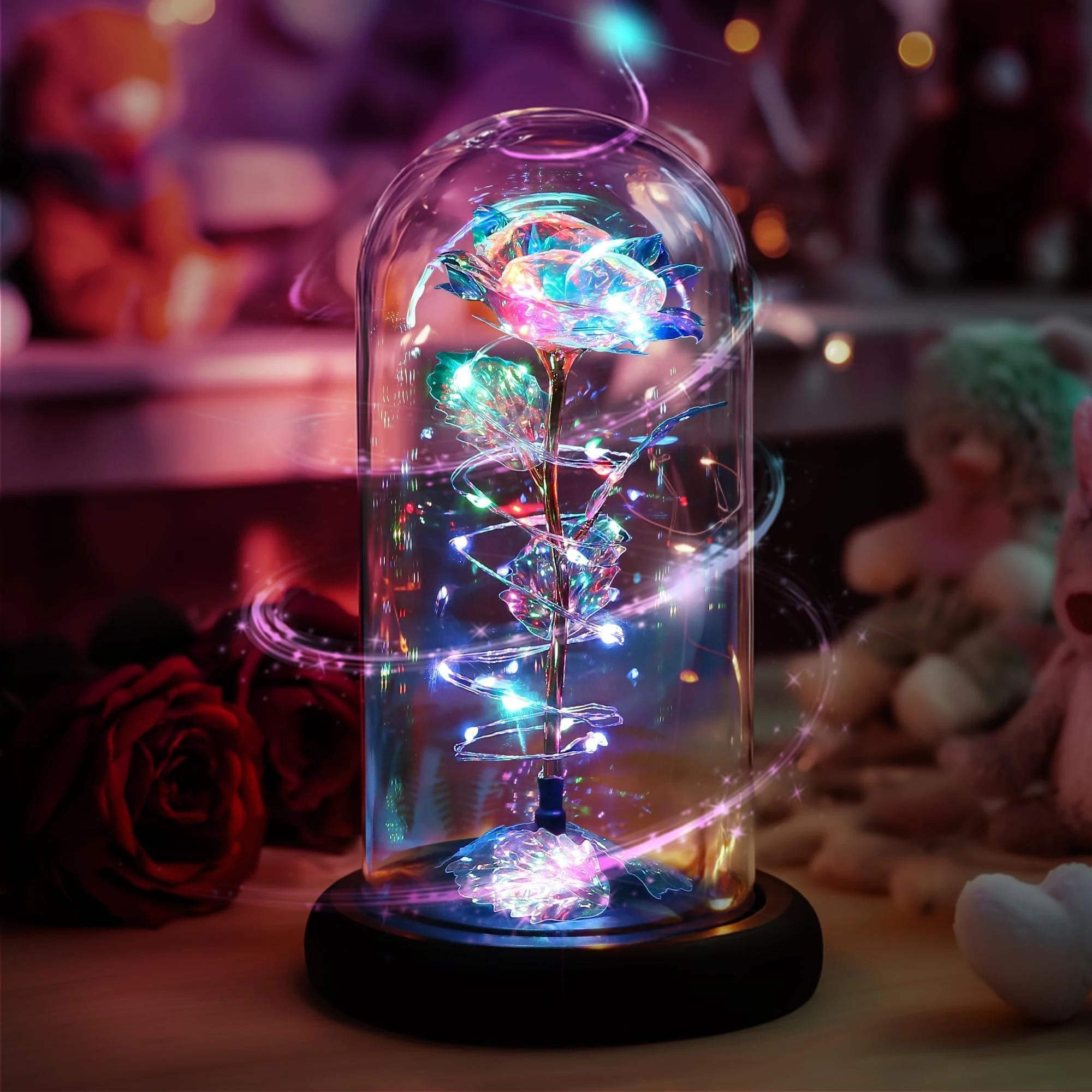 Childom Birthday Gifts for Women,Christmas rose Gifts For Women Her Mum,Rotating Colorful Rainbow Light Up Rose In Glass Dome,Spinning Christmas Rose Gift for Wedding,Engagement,Anniversary,Graduation