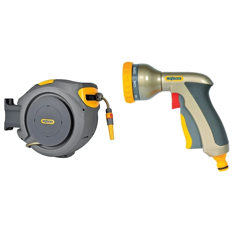 Hozelock 2401 0000 Auto Reel with 20 m Hose, Yellow/Grey & HOZELOCK Multi Plus Spray Gun, Multicolour