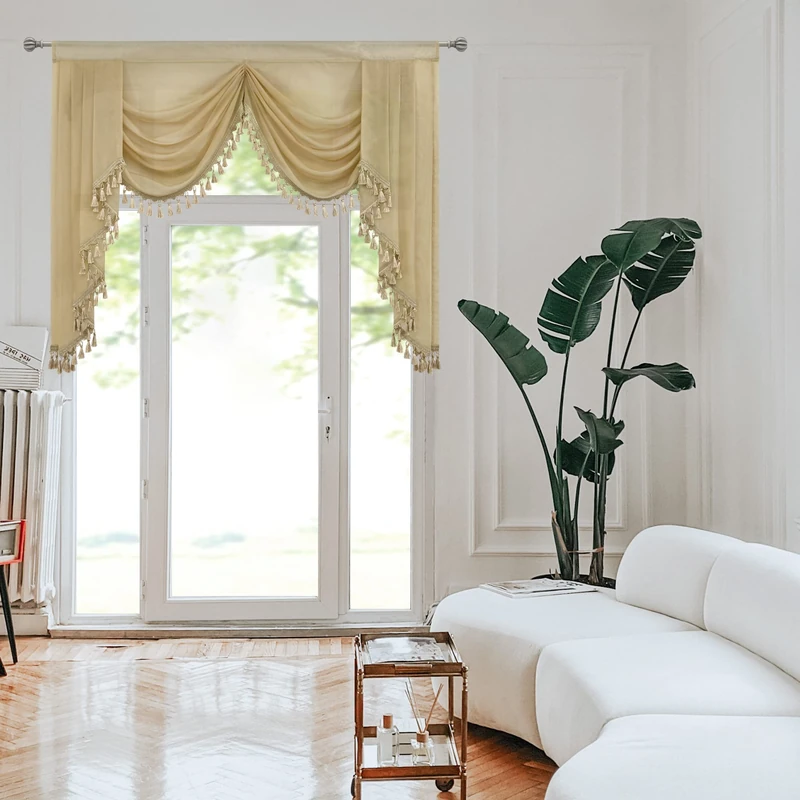 OYRING Waterfall Sheer Window Valances for Kitchen Tassels Swag Valances for Living Room Rod Pocket Valance Curtains for Bedroom (Beige, W59 Inch)