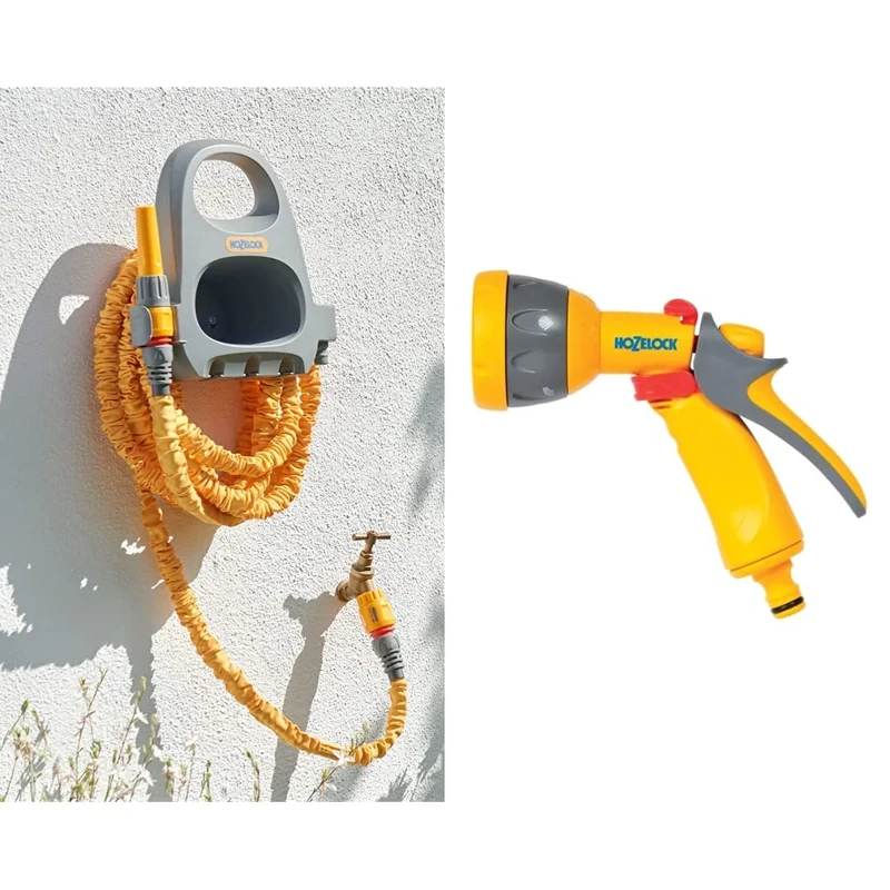 Hozelock Hose Hanger with 15m Superhoze Hosepipe, Yellow & Grey & HZ2676P0000 Spray Gun, Multi-Colour
