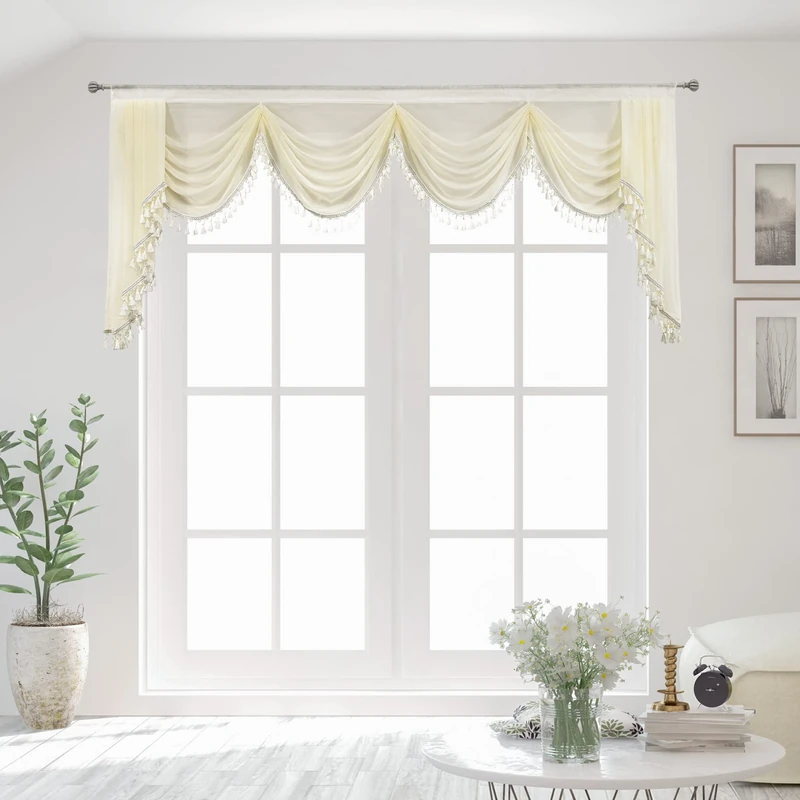OYRING Off-white Sheer Window Curtains Valance for Living Room Waterfall Swag Valance for Bedroom Rod Pocket Topper Curtains (1 Panel, W110 Inch)
