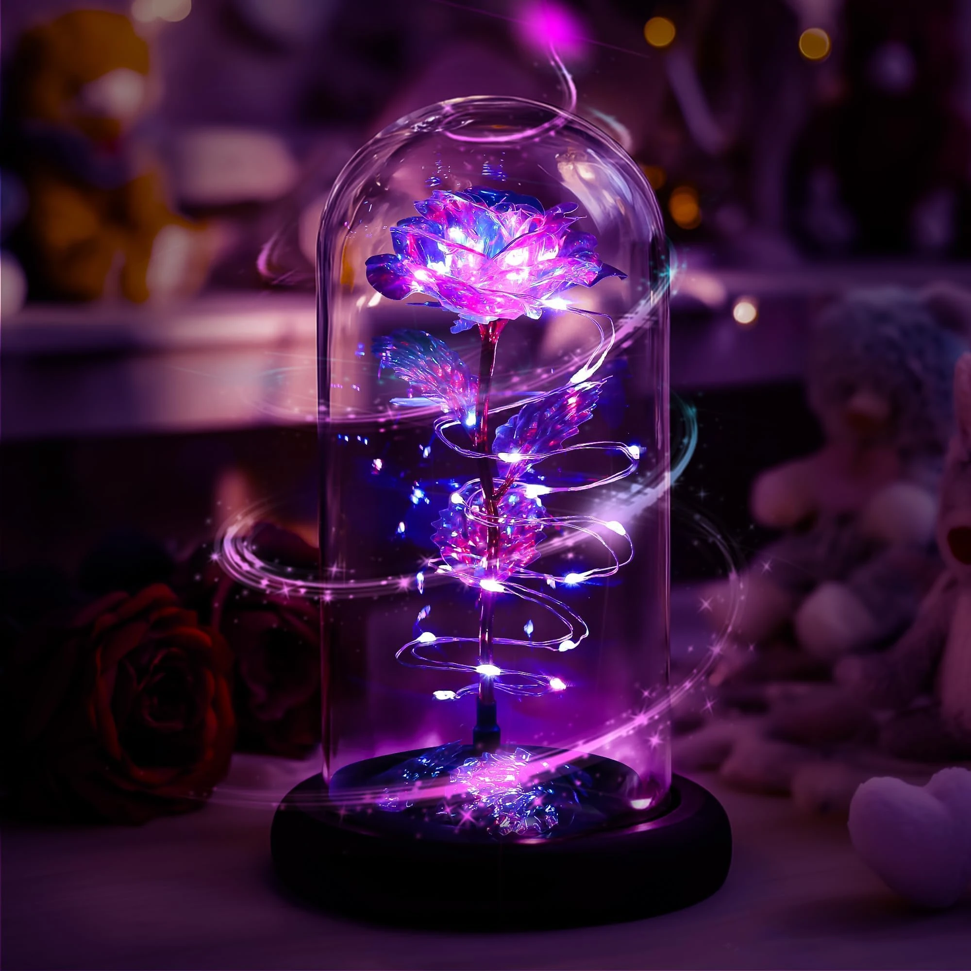 Childom Birthday Gifts for Women,Christmas rose Gifts For Women Her Mum,Rotating Colorful Purple Light Up Rose In Glass Dome,Spinning for Wedding,Engagement,Anniversary,Graduation