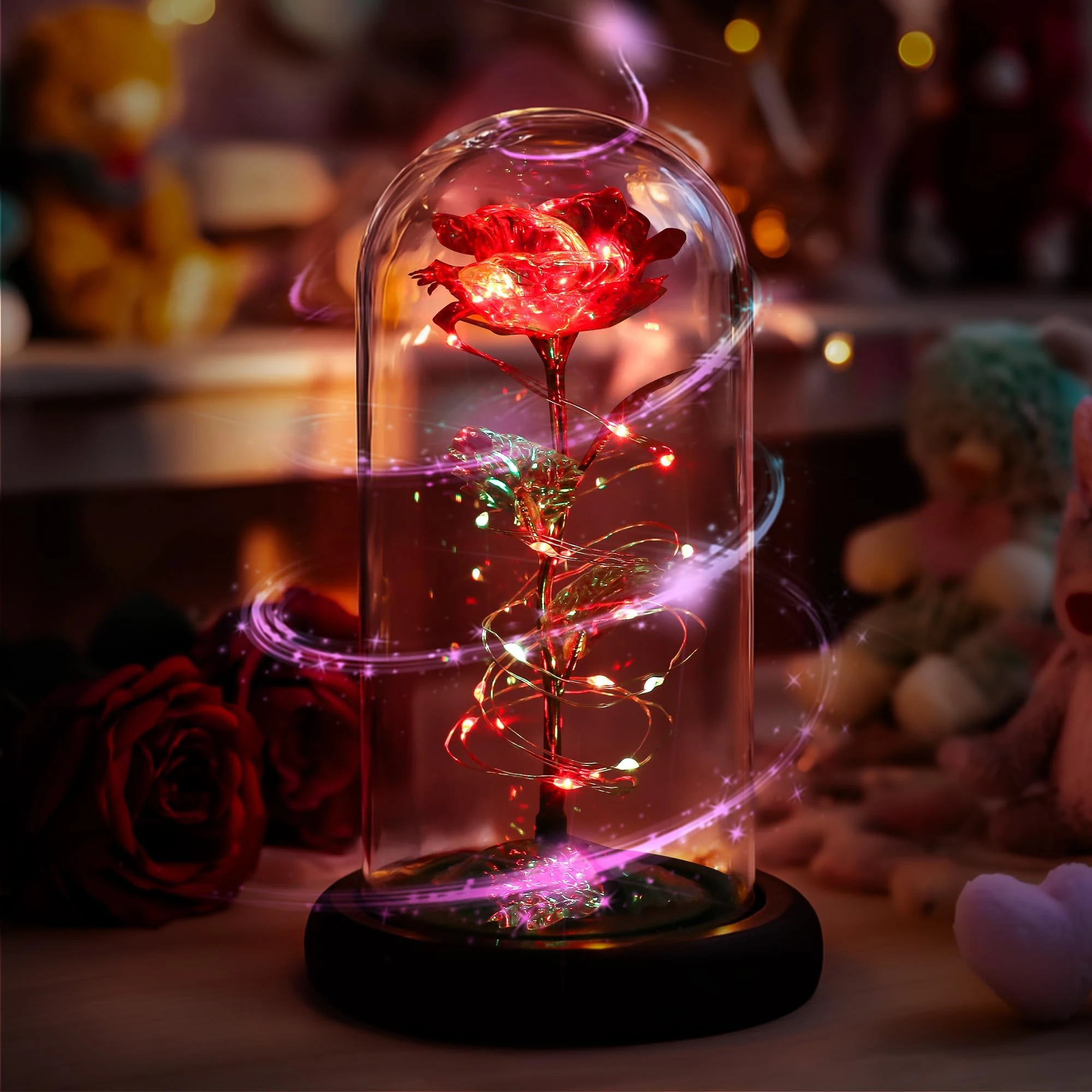 Childom Birthday Gifts for Women,Christmas rose Gifts For Women Her Mum,Rotating Colorful Red Light Up Rose In Glass Dome,Spinning for Wedding,Engagement,Anniversary,Graduation