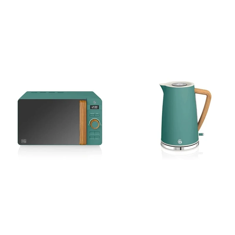 Swan 20L Nordic Digital LED Microwave, 6 Power Levels, Green, SM22036LGREN & Nordic Jug Kettle, 1.7 Litre, Pine Green, Rapid Boil, Wood Effect Handle, Scandi Design, 3kw, SK14610GREN