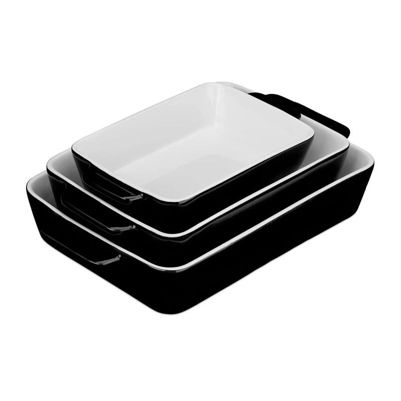 Relaxdays Set of Casserole Dishes in 3 Sizes, Rectangular, for Lasagna, Roast, Tiramisu, Ceramic Oven Form, Black/White - Image 1