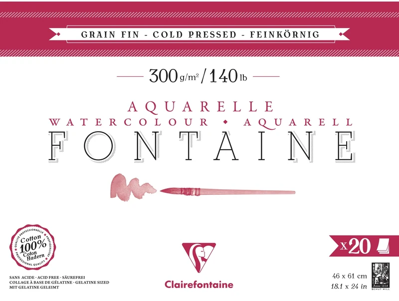Clairefontaine 975504C Fontaine 4-Sided Glued Pad - 20 Sheets of 100% Cotton White Watercolour Paper, Fine Grain, Professional Quality, 46x61 cm, 300g