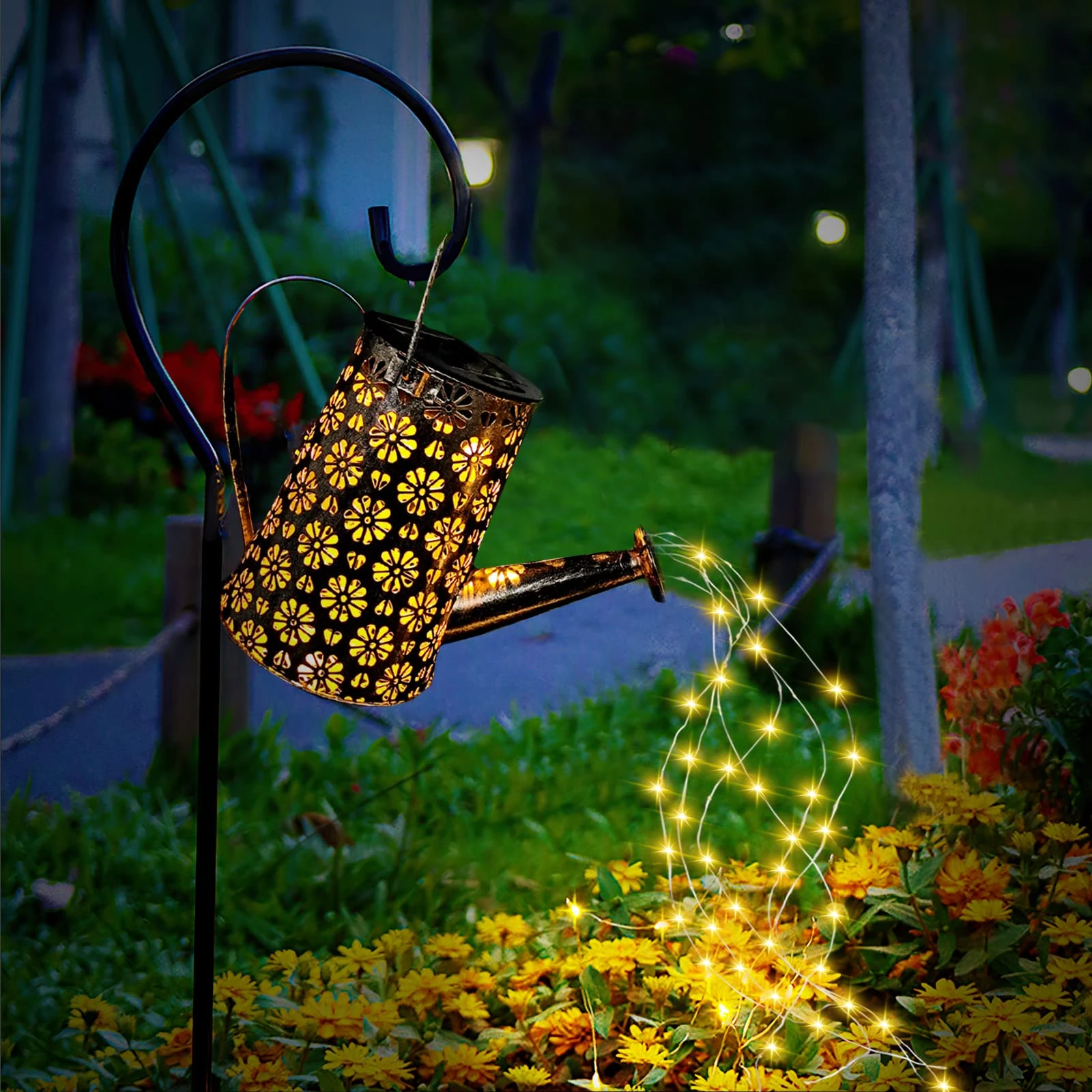 Solar Watering Can Lights Outdoor Garden Ornaments Waterproof Garden Lights with Waterfall Fairy String Lights and Light Stand, Solar Lanterns Decor for Pathway Lawn Yard