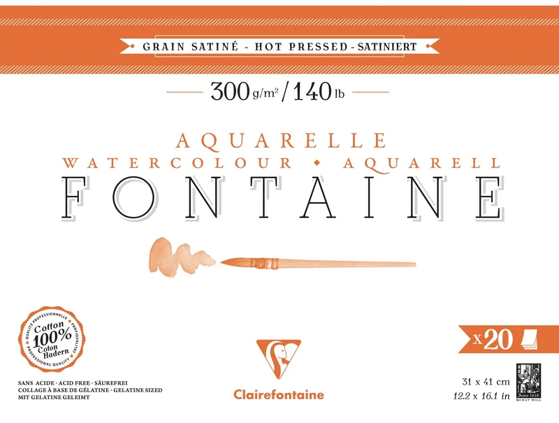 Clairefontaine 975511C Fontaine 4-sided glued pad - 20 sheets of 100% cotton white watercolour paper, satin grain, professional quality, 31x41 cm, 300g