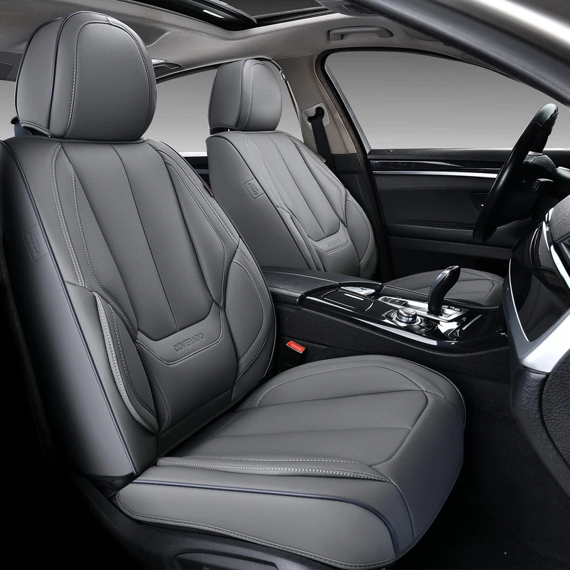 Coverado Front and Rear Seat Covers 5 Pieces, Waterproof Nappa Leather Car Seat Protectors Full Set, Universal Auto Interior Fit for Most Sedans SUV Pick-up Truck, Gray