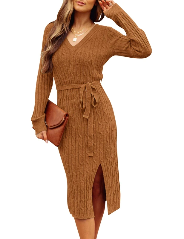 Merokeety Women's V Neck Cable Knit Sweater Dress Long Sleeve Bodycon Slit Pullover Midi Dress with Belt, Caramel, Large